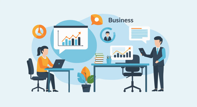 Two individuals collaborate on digital tasks and analyze data in an office setting