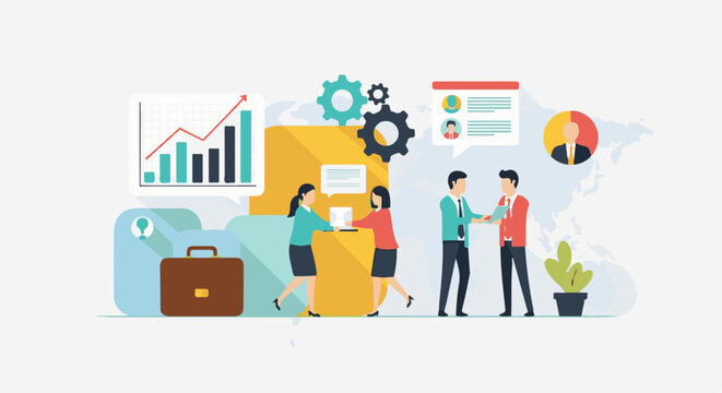 Business professionals collaborate, analyze data, and forge partnerships, symbolizing global connectivity