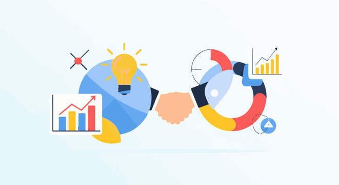 Illustrative concept of collaboration and growth handshake between two abstract figures, a lightbulb, and financial charts
