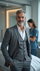 Fototapeta premium Mature man in grey suit stands confidently in a clinic setting. Nurse in scrubs works in the background. Modern medical care with a focus on patient comfort and professional service.