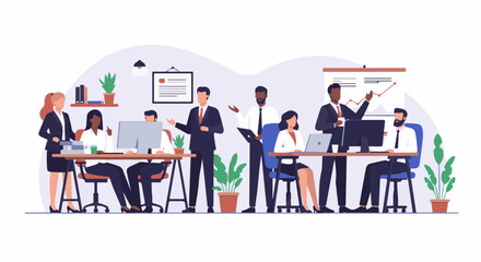 Naklejka premium Diverse professionals collaborating and presenting in a modern office setting