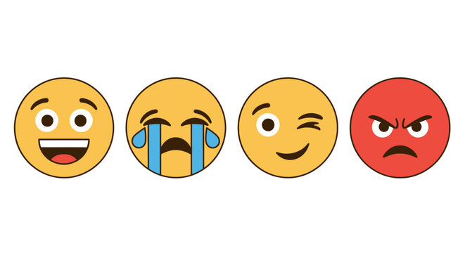 Set of expressive emoji faces showing happiness, crying sadness, and red anger on an isolated white background.