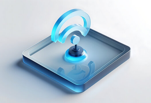 Glowing blue wi-fi symbol on a smartphone screen, with a joystick-like protrusion