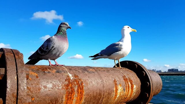 Pigeon and seagull perched on a rusted metal pipe against a bright blue sky on a sunny day near the coast