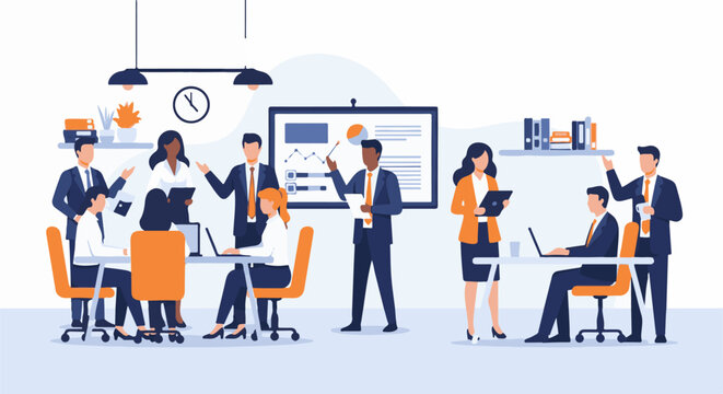 Diverse group in office, meeting with charts and laptops, business collaboration