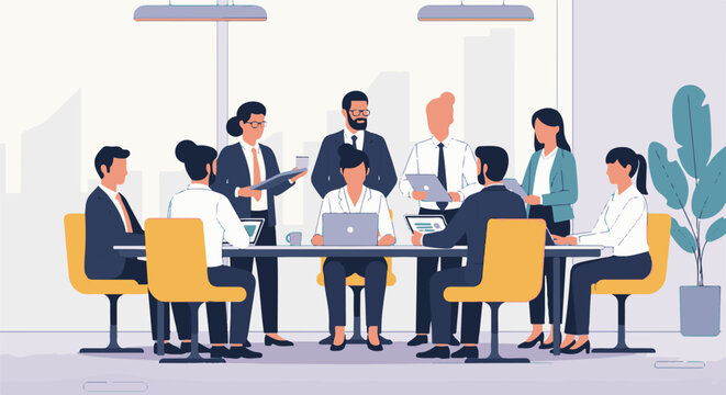 Business people in a meeting discussing plans around a table