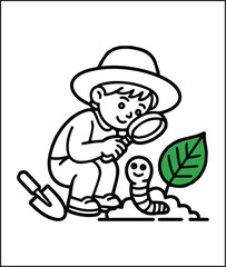 Fototapeta premium A cute farmer kid searching bug from nature black outline vector coloring page for children