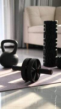 Home workout equipment set including kettlebells, ab roller, and foam roller on yoga mat with morning sunlight shadows for fitness and wellness concept