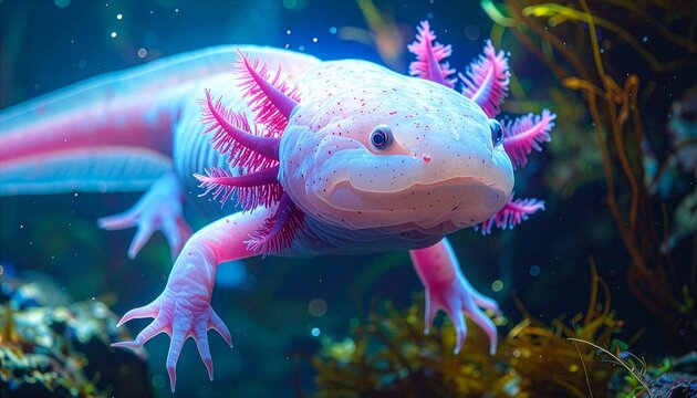 Leucistic Pink Axolotl Underwater with Bioluminescent Algae
