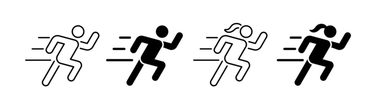 Set of outline and flat icons of running fast Male and female. Full Vector symbol collection
