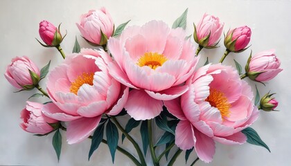 Obraz premium Close up of pink peony flowers. Oil painting with thick texture. Hand drawn botanical art. Delicate floral arrangement with buds and leaves on white canvas background.