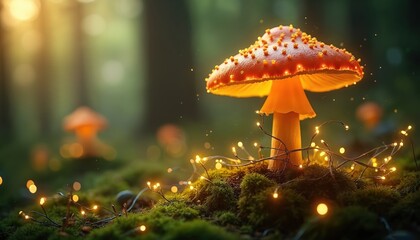 Fototapeta premium Orange mushroom with yellow spots glows in green forest. Tiny lights surround mossy ground creating magical whimsical atmosphere. Soft bokeh adds enchanting dreamy feel.