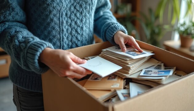 Person sorts through box of old photographs. Hands hold stack of paper pictures, recalling past moments. Nostalgic hobby, organizing memories of family.