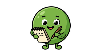 Obraz premium Cute green character holding notebook and pencil in playful cartoon style.