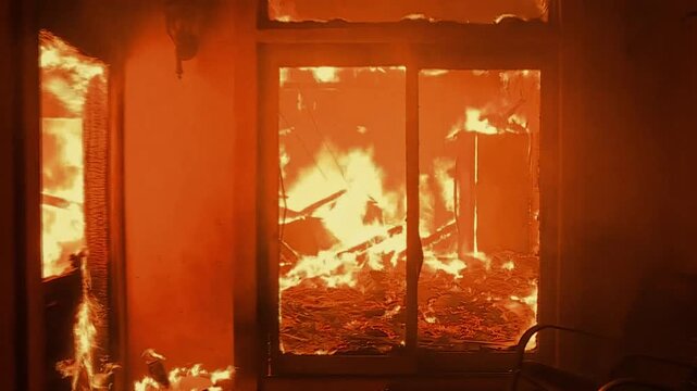 Intense inferno engulfing a room with flames and smoke viewed through the windows and doorway