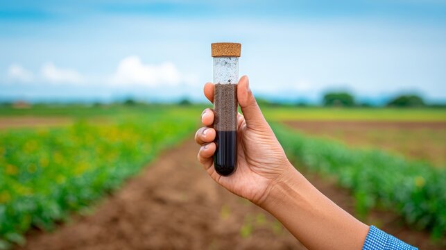 Soil testing in a field using a test tube to show soil quality and health