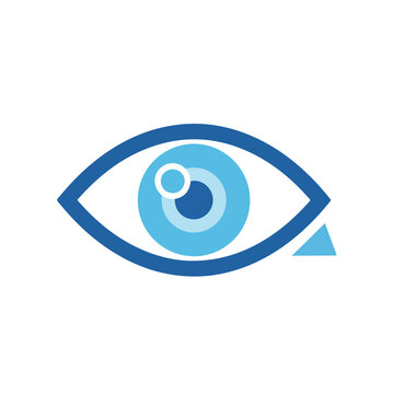 A minimalist blue graphic representation of a human eye, featuring concentric circles for the iris and a small triangle element on the right side.