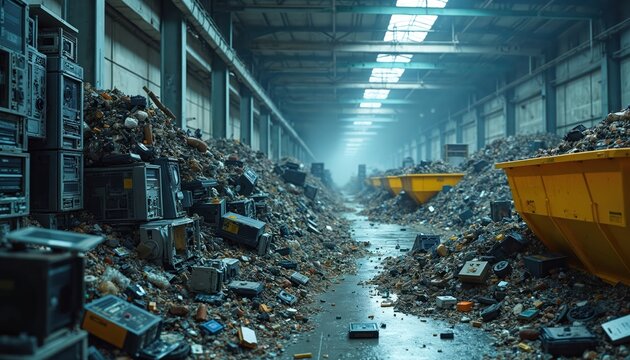 Mountains of discarded computers and electronics pile up inside a large warehouse. Recycling facility sorts ewaste for proper disposal and material recovery. Hazardous items removed during processing.