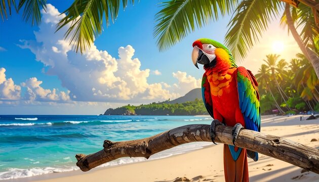 Vibrant macaw parrot perched on branch at tropical beach paradise.