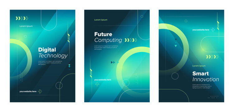 Modern hi-tech poster set. Abstract green digital business vector template background.
