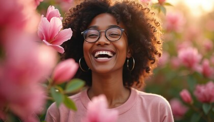 Naklejka na ściany i meble Black woman smiles widely surrounded by pink flowers. She wears glasses and a pink shirt. Golden hour sun illuminates her curly hair. Outdoors, nature scene.