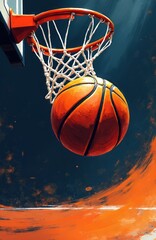 Basketball suspended mid-air near hoop, motion blur effect in background. Dynamic sports art illustration captures game intensity. Action shot, slam dunk anticipation, athletic skill.