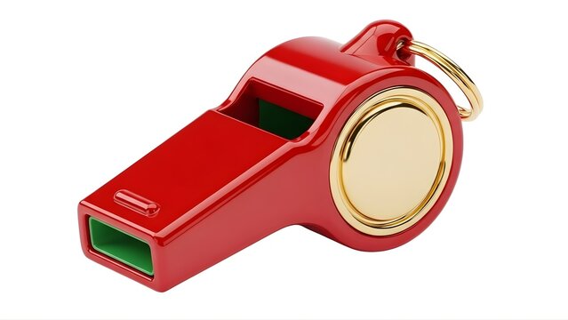 A red whistle with a gold ring and green interior on a white background