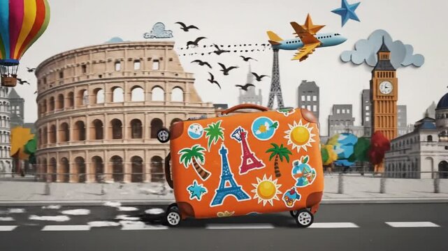 A colorful suitcase decorated with landmarks and icons travels through a cityscape featuring famous buildings, hot air balloons, and planes.