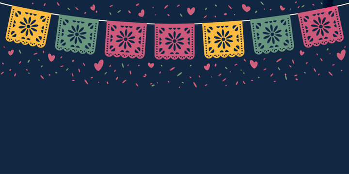 Festive colorful papel picado banners and confetti celebrating a joyous occasion with decorative elements