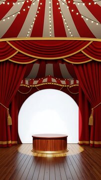 Circus Stage with Podium and Red Curtains.