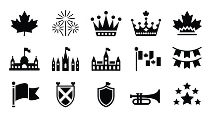 Black and white vector icons featuring maple leaves crowns castles flags and festive symbols in a professional design style © Shovon