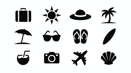 Fototapeta premium Black vector icons of travel essentials including suitcase sunglasses flip flops sun hat palm tree surfboard airplane camera drink and seashell on white background