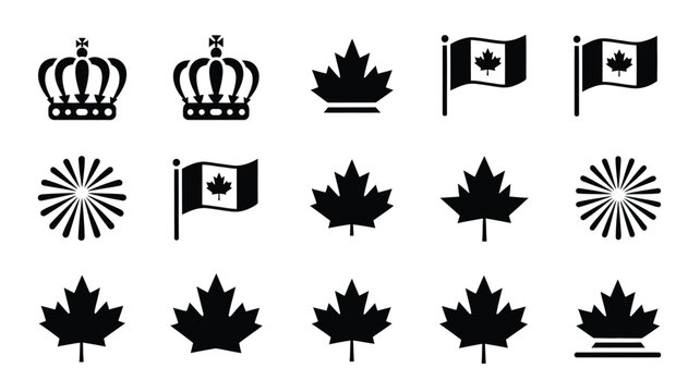 Black and white vector set of canadian flag maple leaf crown rays and abstract symbols in minimalist design