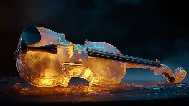 Abstract Glowing Violin with Smoke and Dramatic Lighting on Black Background.
