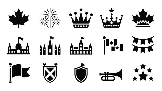 Black and white vector icons featuring maple leaves crowns castles flags and festive symbols in a professional design style