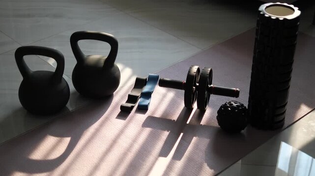 Home workout equipment set including kettlebells, ab roller, and foam roller on yoga mat with morning sunlight shadows for fitness and wellness concept