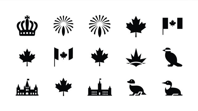 Black and white vector icons showcasing canadian symbols including maple leaves flags wildlife landmarks and abstract designs