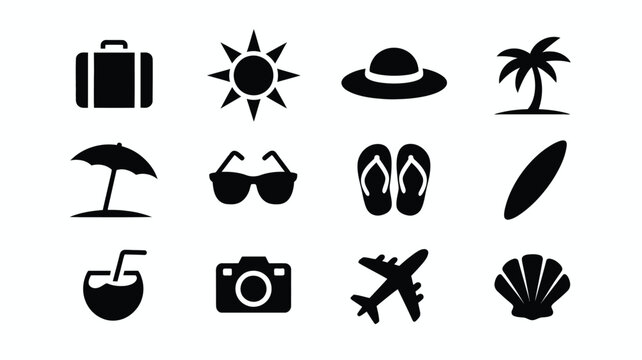 Black vector icons of travel essentials including suitcase sunglasses flip flops sun hat palm tree surfboard airplane camera drink and seashell on white background