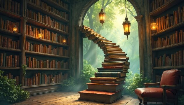 Surreal book ladder forms staircase in old library room. Stacks of books lead to magical forest through archway. Antique lanterns glow, illuminating fantasy scene.