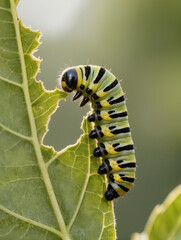 Fototapeta premium Caterpillar eating green leaf in natural outdoor setting 