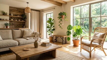 Fototapeta premium Sunny bohemian living room with large windows, abundant green houseplants, natural wood furniture, cozy sofa, and rustic decor.