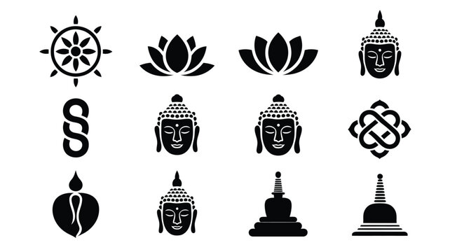 Black and white vector icons of buddhist symbols including lotus buddha stupa and dharmachakra in minimalist style