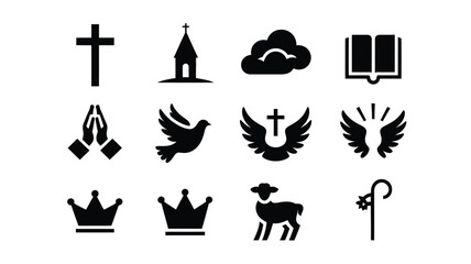 Obraz premium Black and white vector illustration showcasing 12 religious symbols including a cross church dove crown and lamb in minimalist style