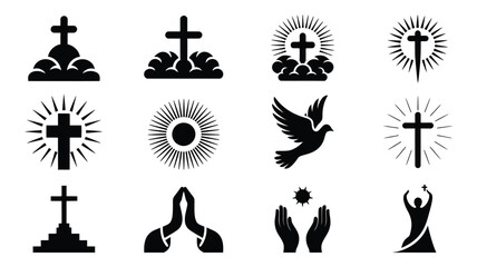 Black and white vector icons featuring crosses praying hands dove and symbols of faith for religious themes