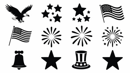 Patriotic symbols including eagle flag stars fireworks and liberty bell in clean vector style for celebratory designs © Shovon