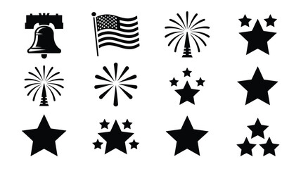 Black and white vector set featuring fireworks stars flag and bell icon for celebrations © Shovon