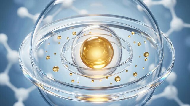 3D animation of a stylized atom with a golden nucleus and orbiting electrons inside a glass sphere, representing molecular structure, quantum physics, and scientific innovation.