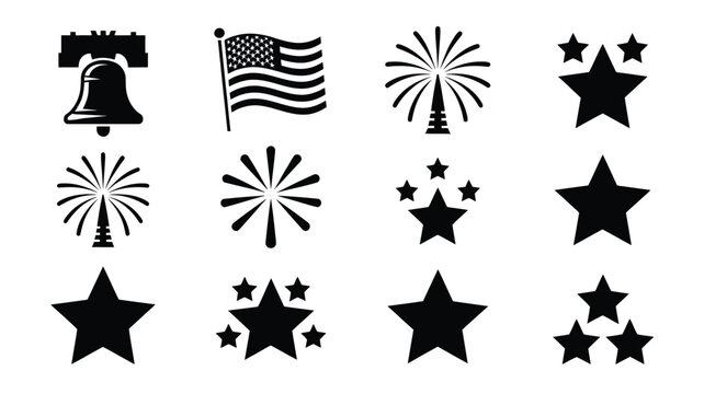Black and white vector set featuring fireworks stars flag and bell icon for celebrations