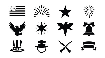 Fototapeta premium Black and white vector icons of patriotic symbols including stars fireworks eagle liberty bell and ribbon
