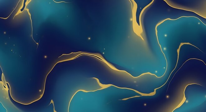Abstract flowing liquid art, deep teal and navy blue with shimmering gold swirls, ethereal marble effect, cosmic nebula pattern, elegant fluid dynamic background.